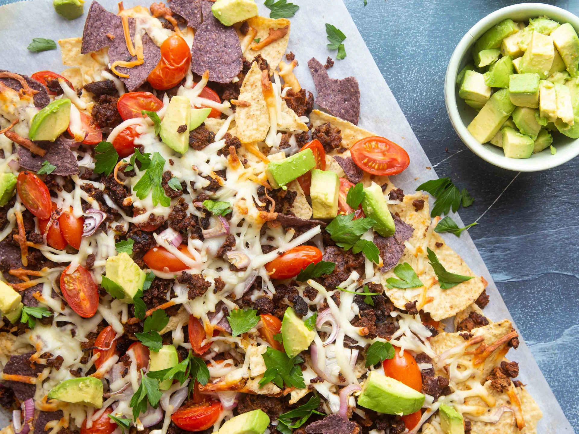 Loaded Cheesy Nachos with Fake Meat Crumbles