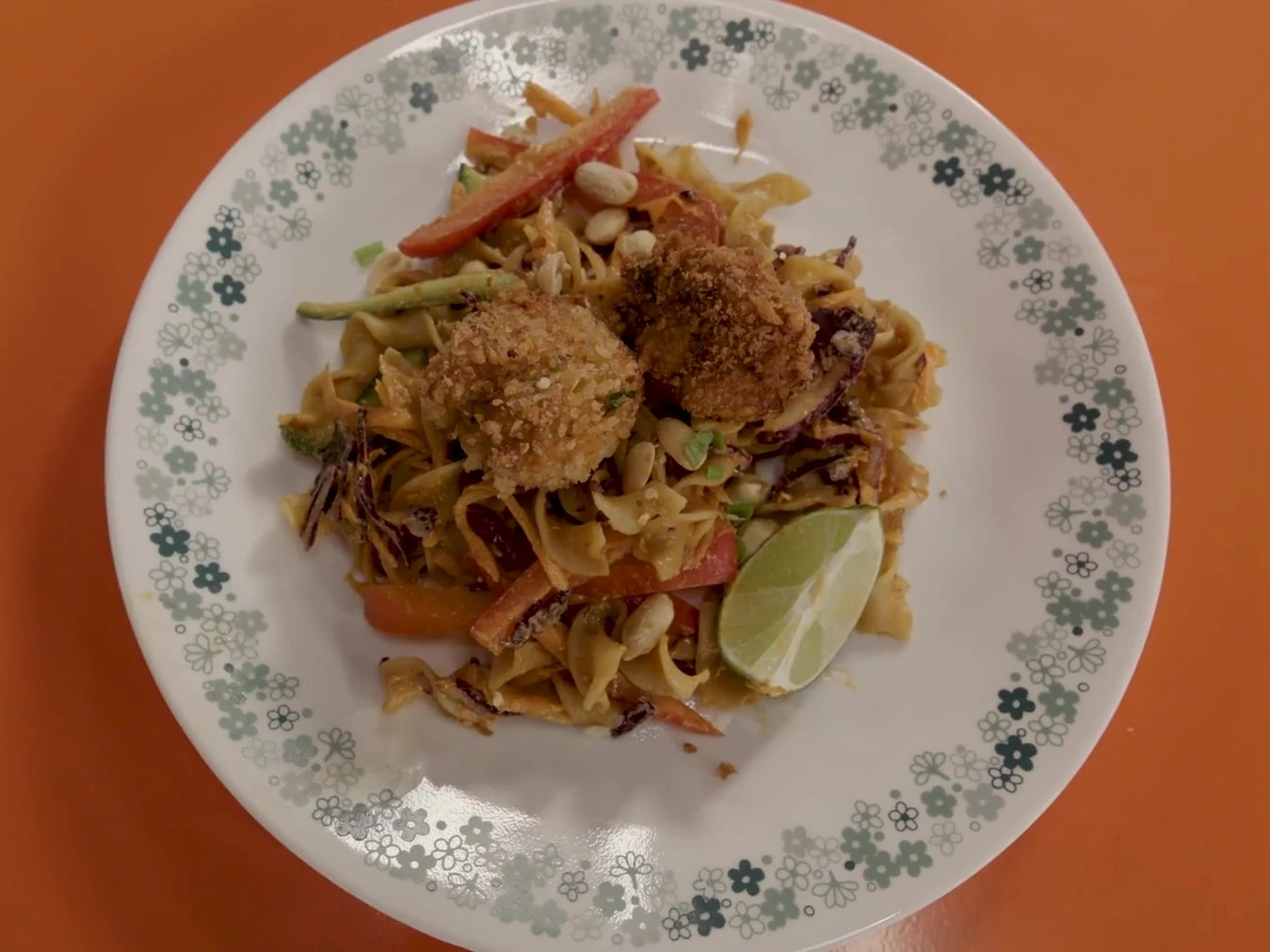 Spicy Peanut Noodles Topped with Fried Gefilte Fish Balls