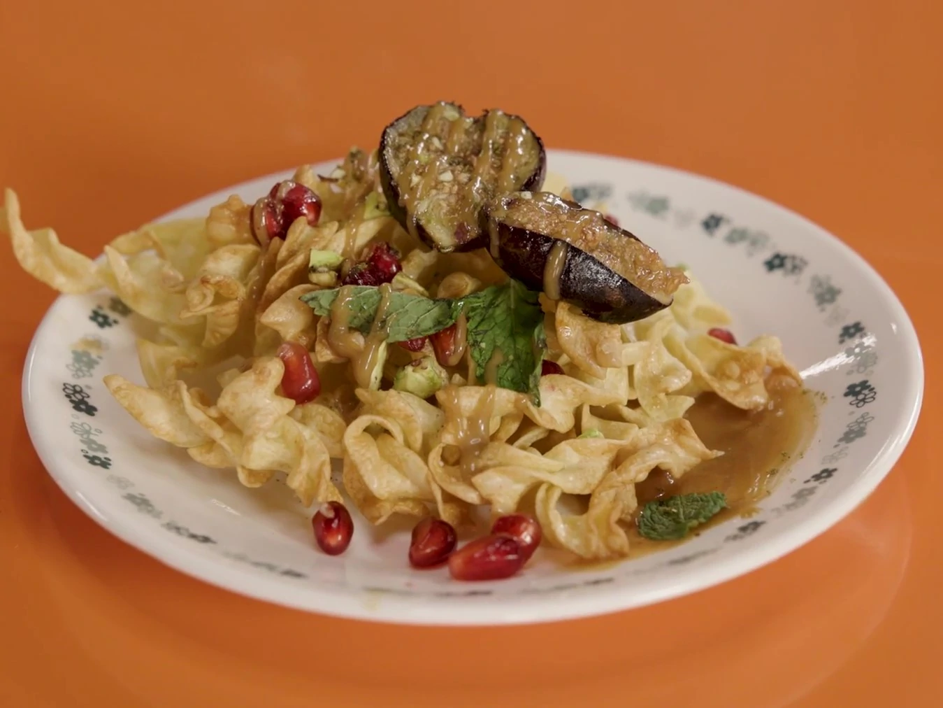 Crispy Manischewitz Noodle Crisp with Silan-Tahini Cream, Roasted Figs, Pomegranate, and Mint