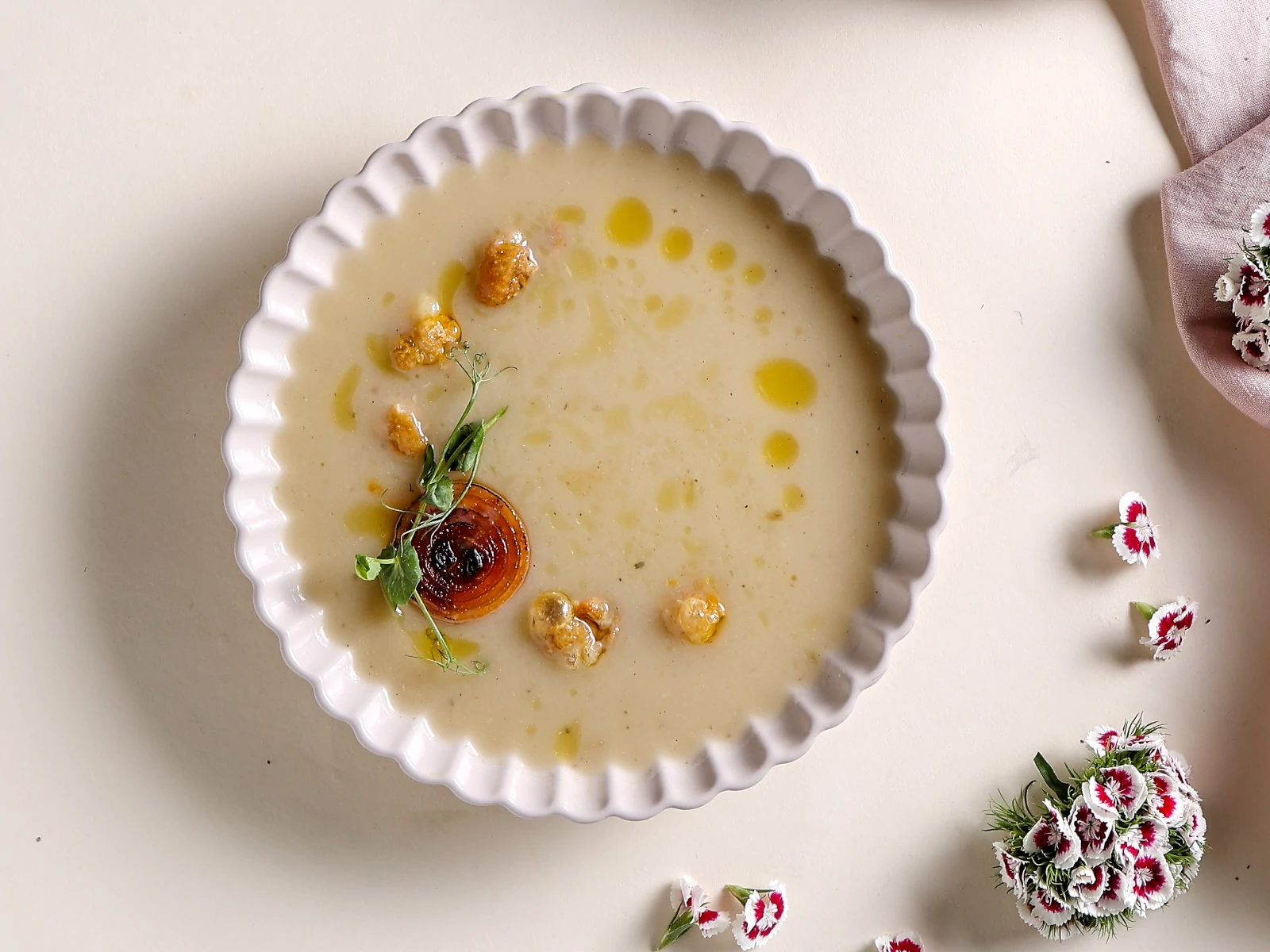 Cauliflower Soup with Crispy Chicken Croutons and Roasted Shallots