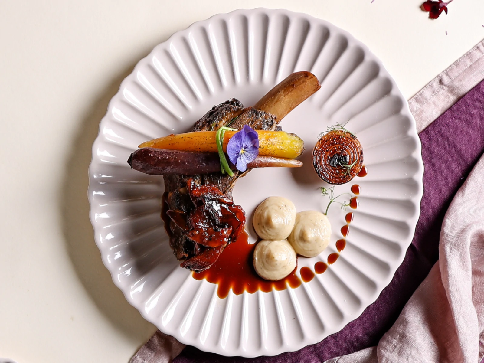 Flank Roast with Artichoke Purée and Caramelized Pears