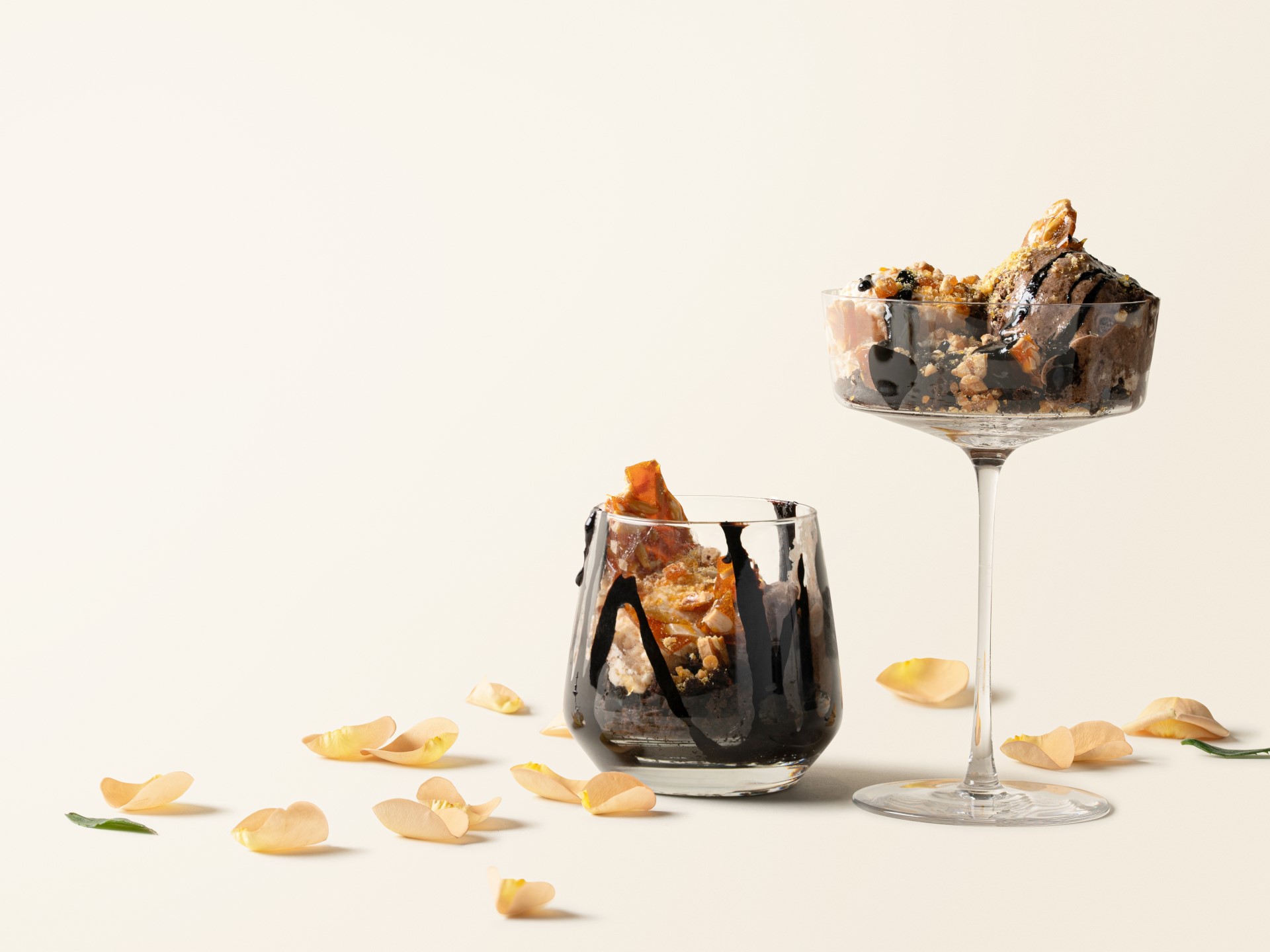 Ice Cream Sundaes with Cake Crumbs, Chocolate Sauce, and Almond Brittle