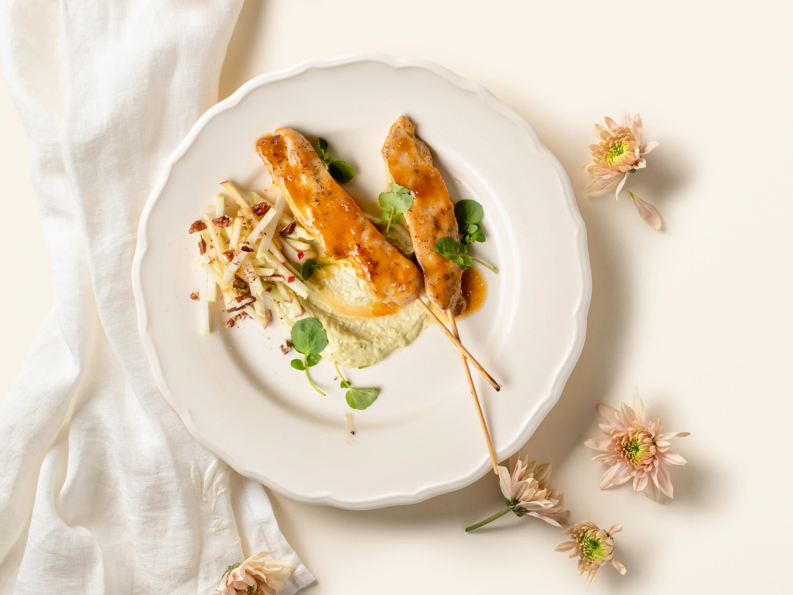 Sweet 'n Sour Chicken Satays with Apple Kohlrabi Slaw and Avocado-Horseradish Aioli