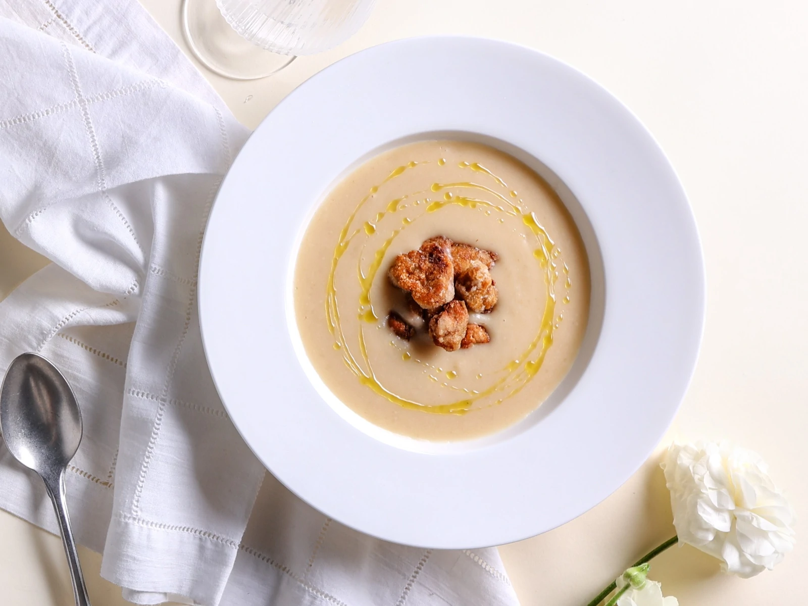 Creamy Vegetable Soup with Crispy Sweetbread Croutons