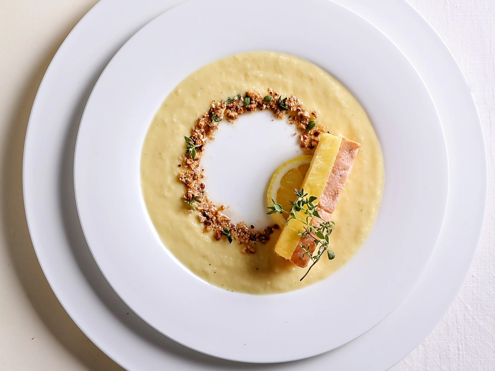 Honey-Garlic Pineapple and Salmon Duo With Pineapple Cream and Toasted Cashews