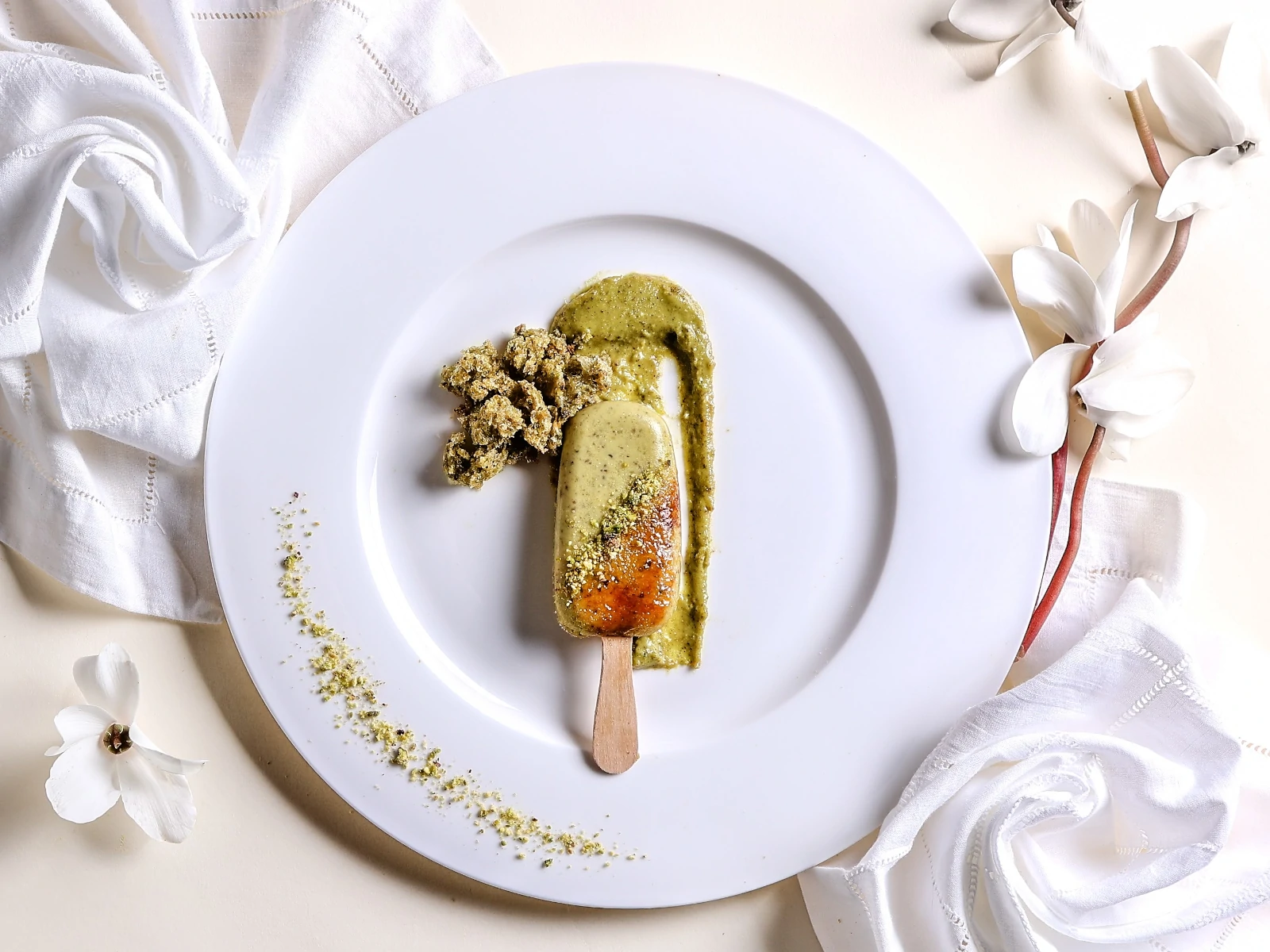 Pistachio Crème Brûlée Pops with Pistachio Cream