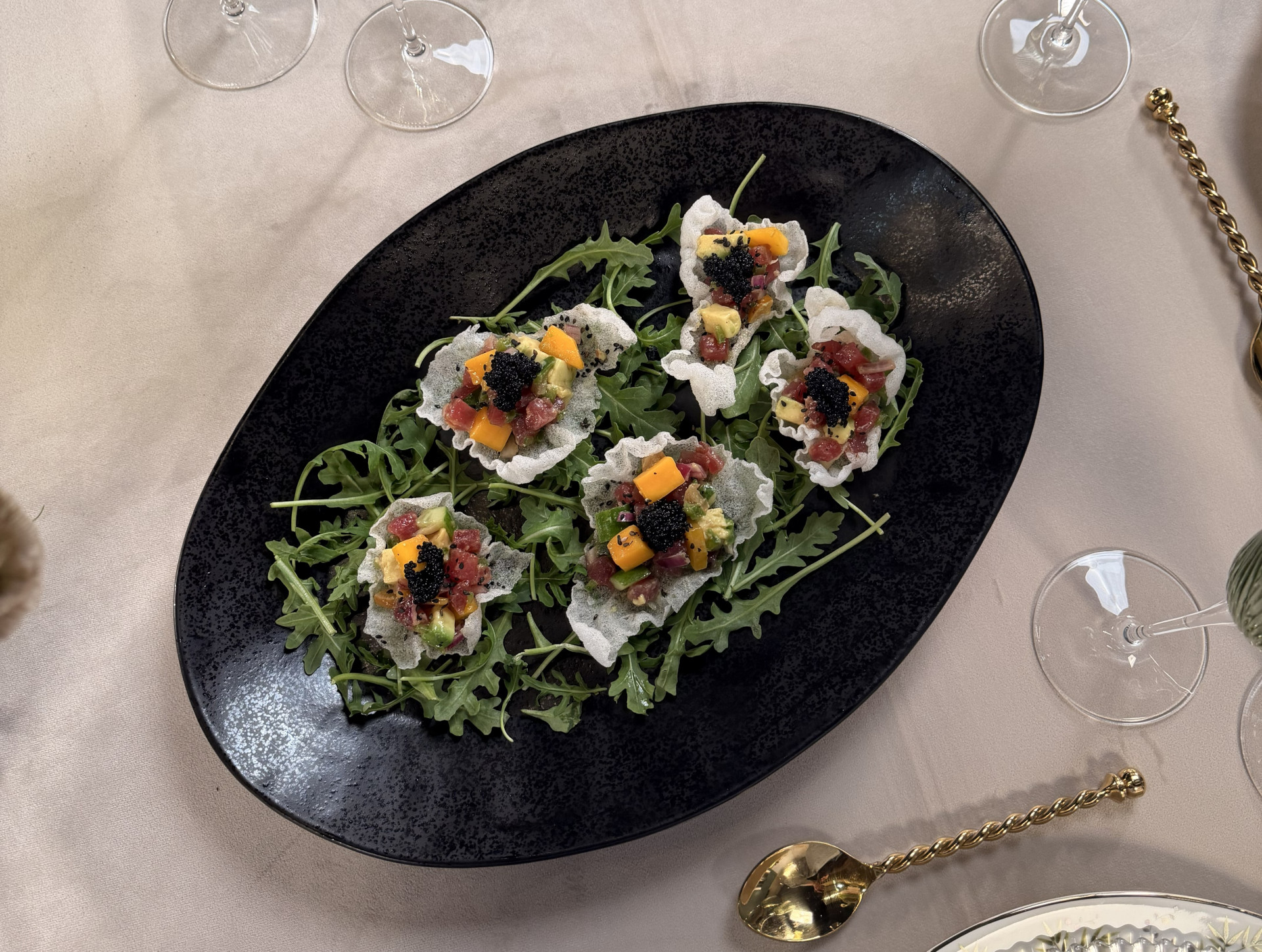 Preserved-Lemon Tuna Ceviche with Black Sesame Crusted Rice Paper Crisps