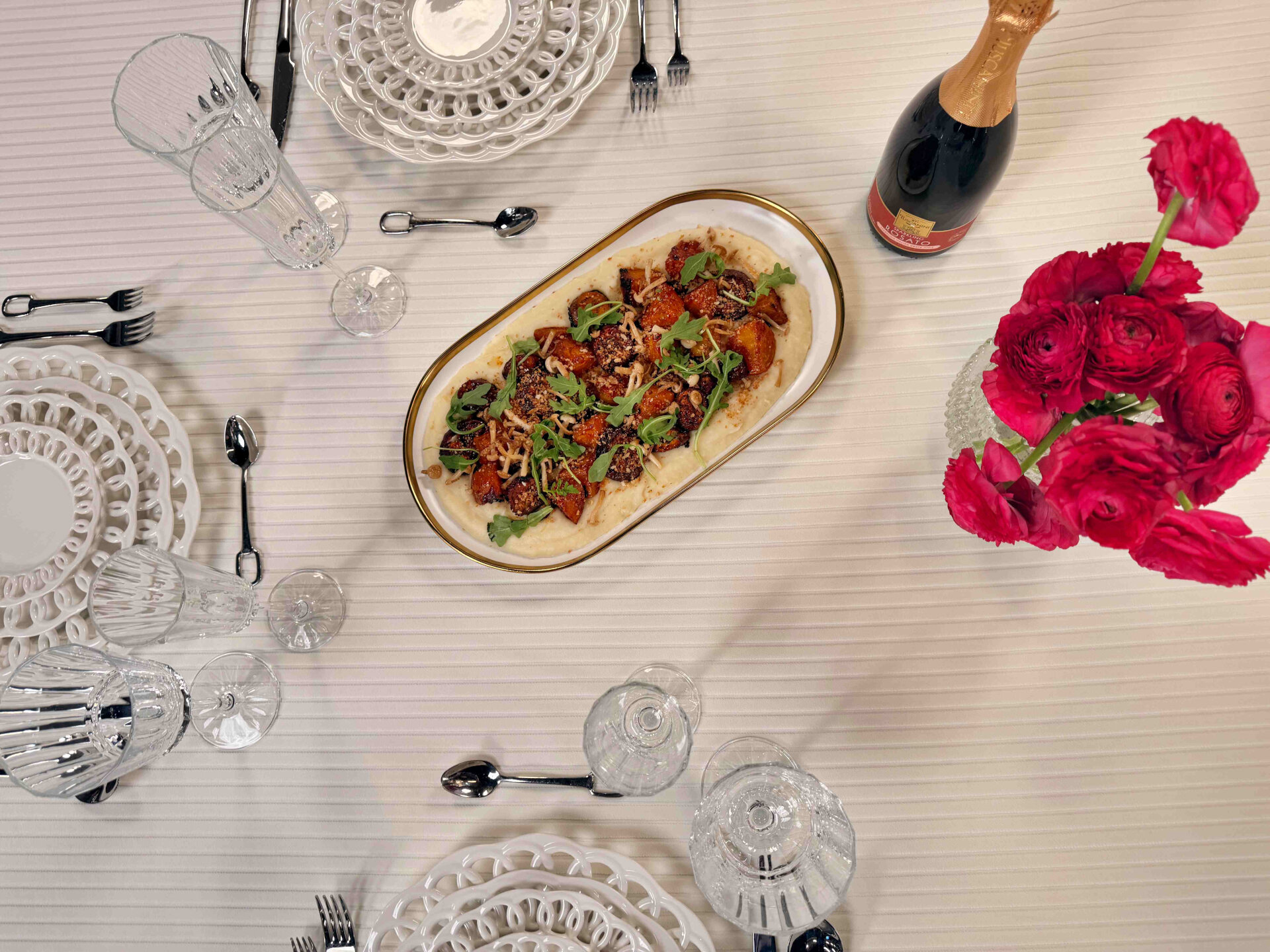 Sweet Chili Yellow Beets and Japanese Eggplant with Shimeji Mushrooms over Garlic-Parsnip Cream