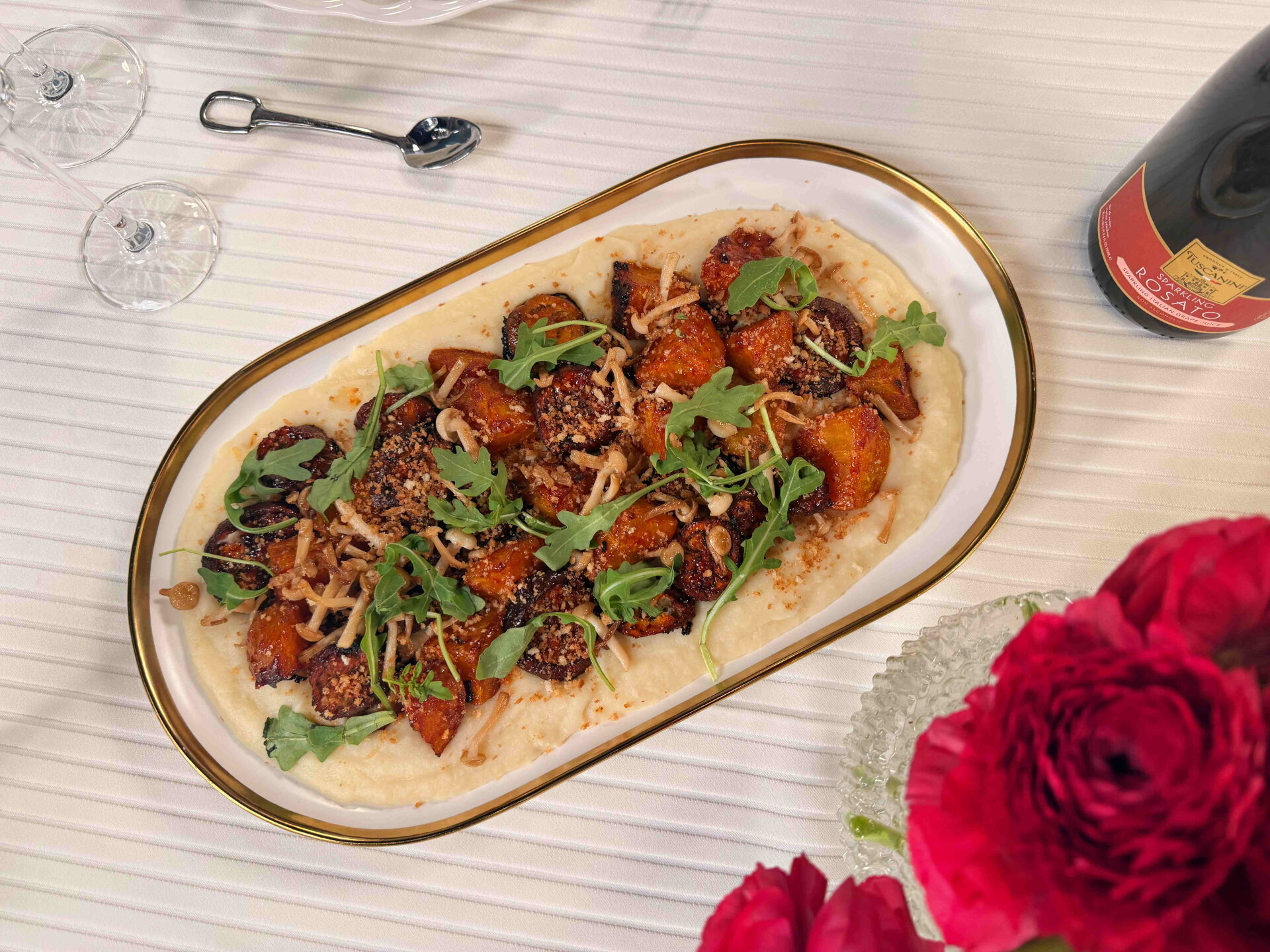 Sweet Chili Yellow Beets and Japanese Eggplant with Shimeji Mushrooms over Garlic-Parsnip Cream